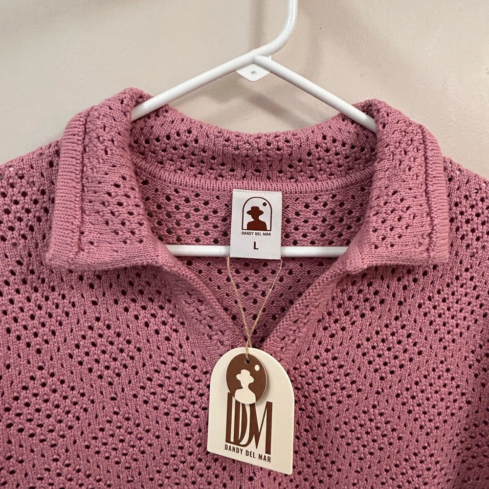 Short sleeve cabana style crocheted shirt from Dandy Del Mar in a salmon pink